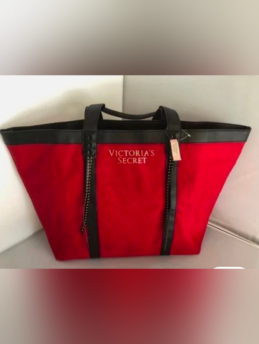 Victoria's Secret Red Studded Fringe Canvas Getaway Tote Bag NWT